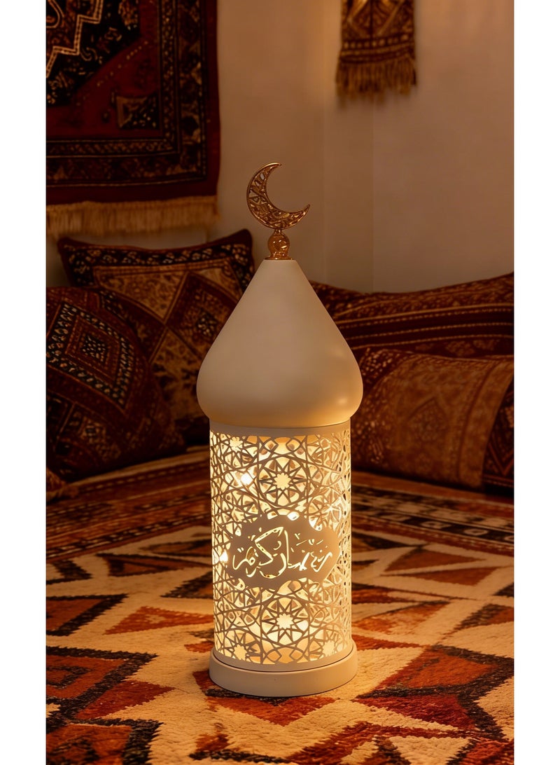 Ramadan Moroccan Lantern, White Hollow Out Metal LED Light with Gold Moon Topper for Indoor Outdoor Home Decor, Table Centerpieces, Ramadan, Eid, Wedding Decorations, FD778-M - Image 1